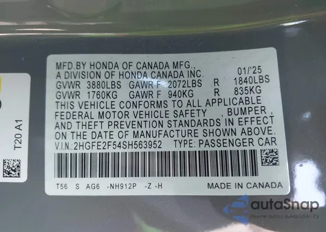 2025 Honda Civic Sport z USA, uszkodzony, nr VIN 2HGFE2F54SH563952